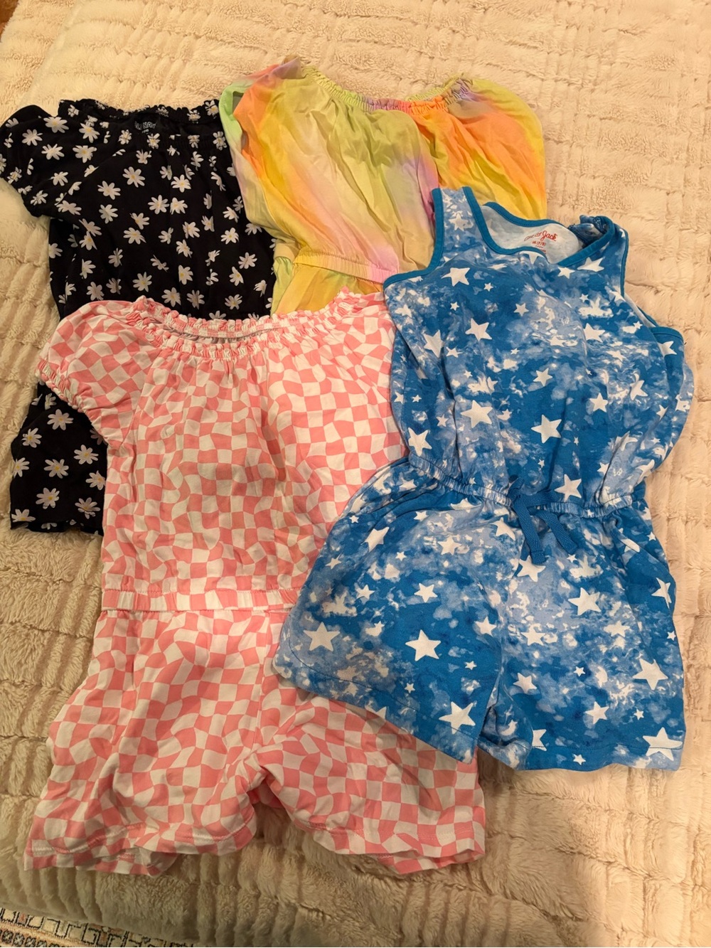 Girls Mixed Pattern Romper Bundle - Stars, Checker, Floral, Tie-Dye